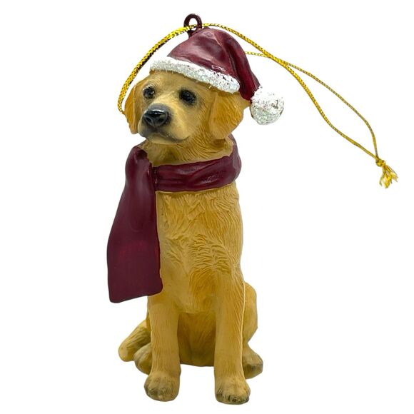 Design Toscano Golden Retriever In Scarf And Santa Hat Christmas Ornament - Picture 1 of 10